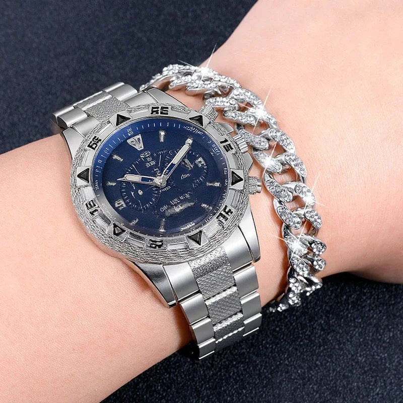 Luxury Large Dial Men's Watch, Stainless Steel Bracelet, Multi-Function Chronograph, Gold/Silver Two Colors, Fashion Quartz Wris