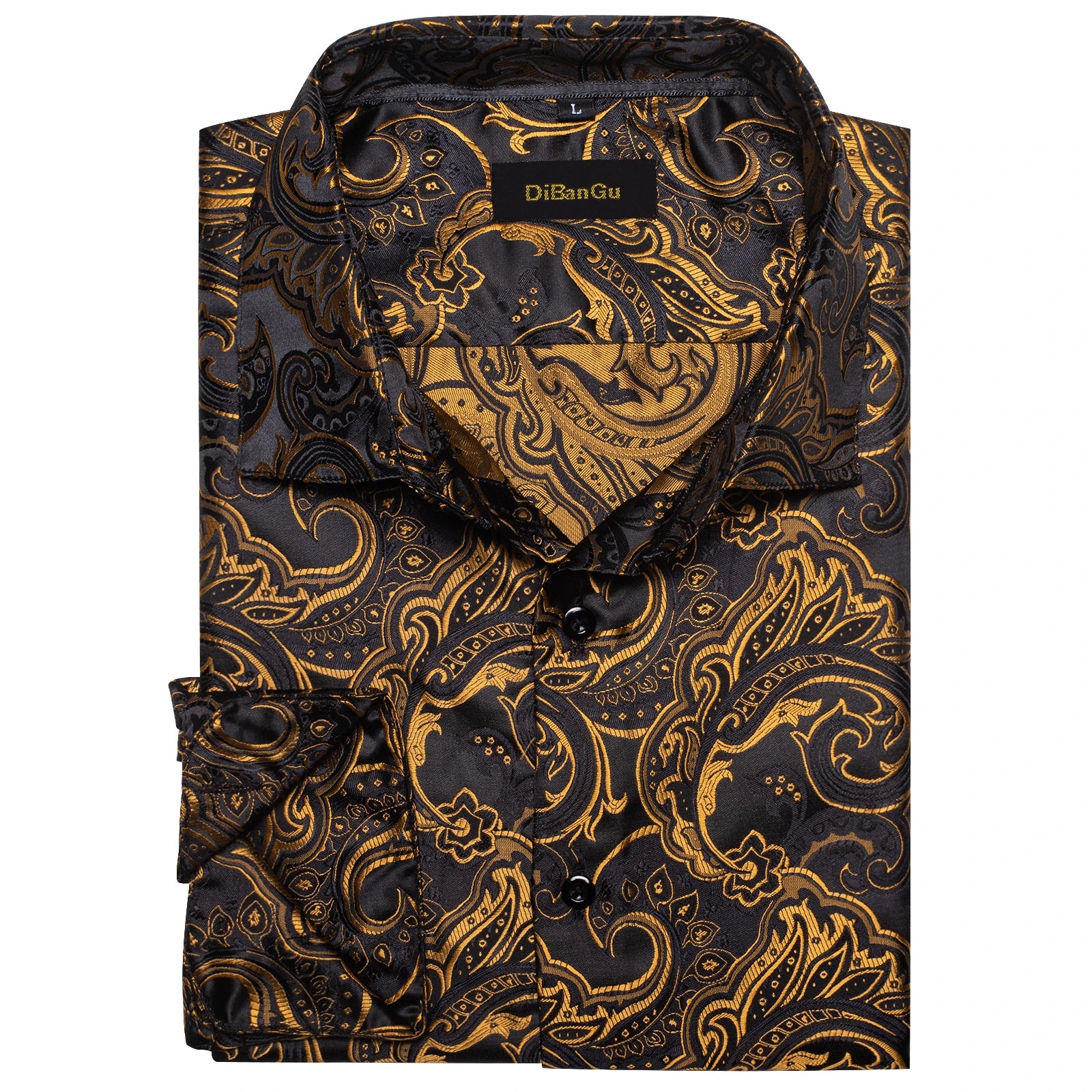 Luxury Men Dress Shirt Formal Prom Tuxedo Long Sleeve Polyester Golden Color Paisley Black Shirts Blouse Men Clothing