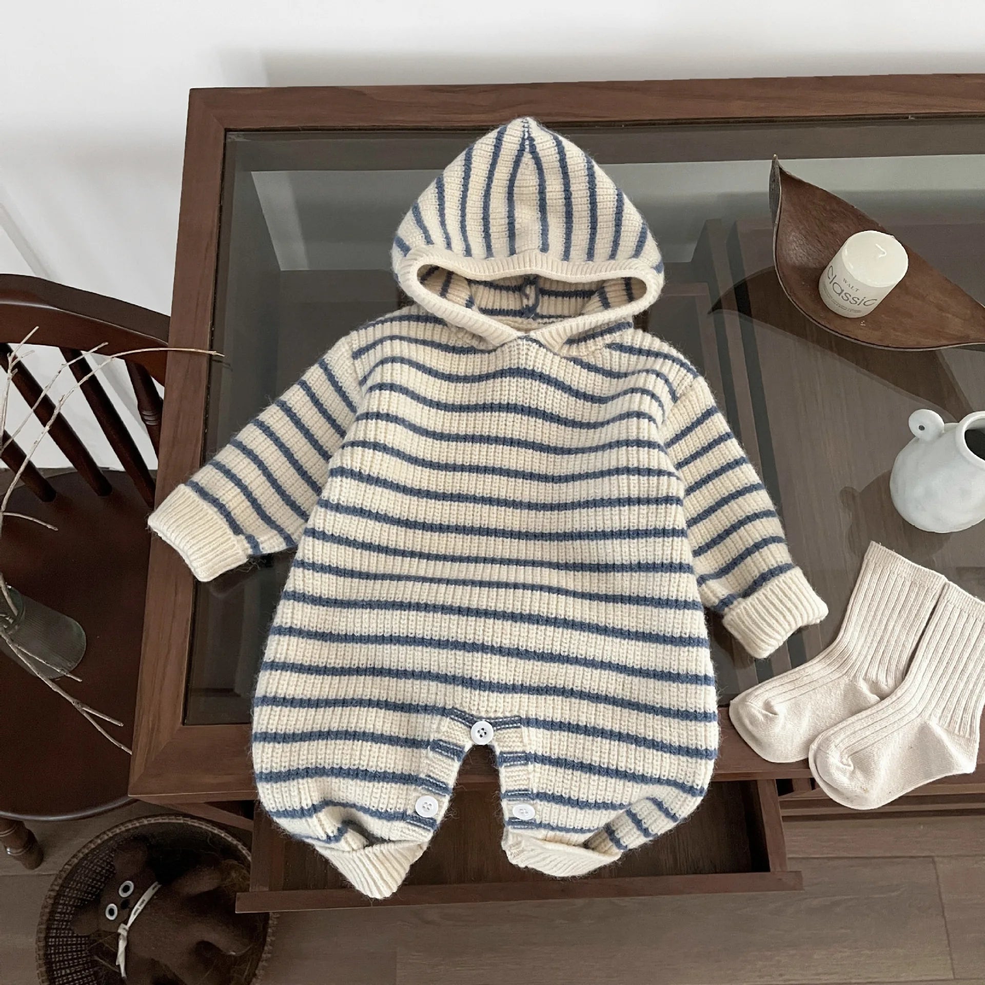 Ins Baby Clothing Korean Style Fashion Casual Soft Comfortable Knitwear Top Winter New Boys Girls Baby Thick Striped Romper