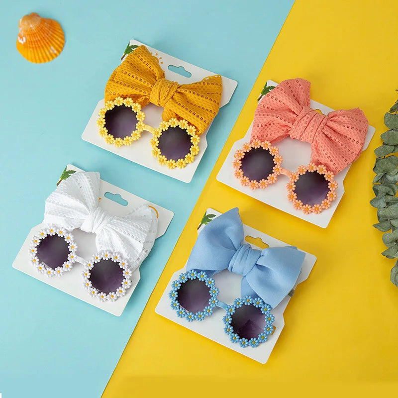 2Pcs Kids Sunglasses Headband Set Daisy Flower Round Toddler Sun Glasses Girls Sun Protection Eyewear