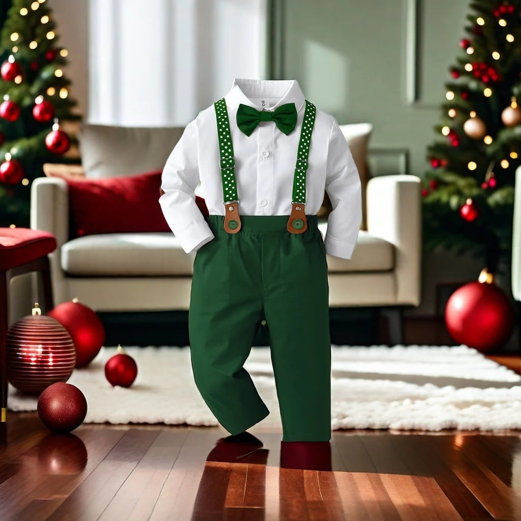 Christmas Outfit for 1-7 Years Boys Long Sleeve Solid 4PCS Sets Kid Gentleman Birthday Cotton Clothing Star Suspender Baby Suit