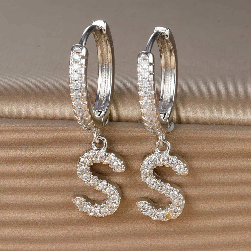 Silver Color Stainless Steel 26 Letters Hoop Earrings For Women A-Z Crystal Zircon Cartilage Piercing Earrings Wedding Jewelry