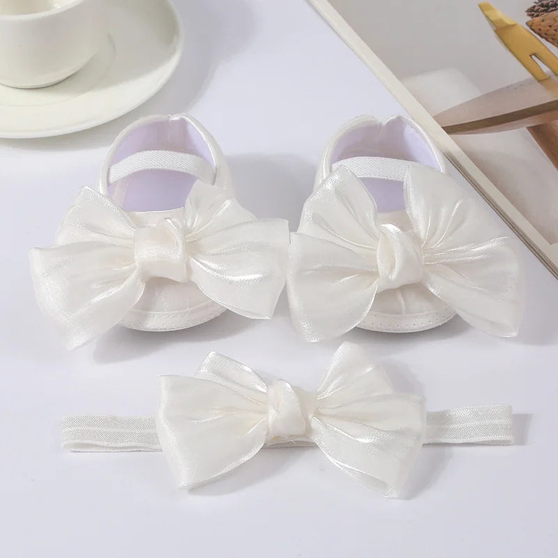 Baby Girls Baptism Shoes and Headband Shiny Bowknot Mary Jane Flats and Hairband Set 0-12M