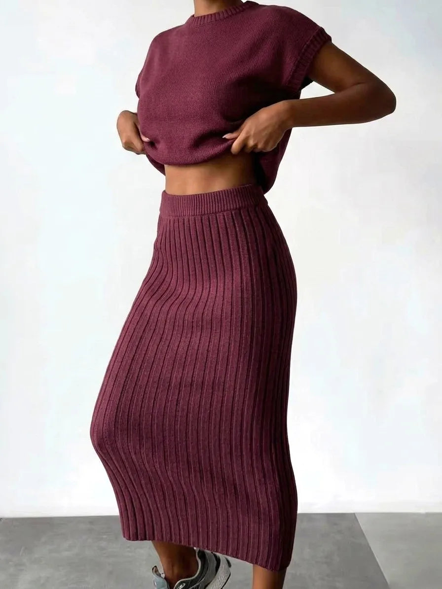 Women's 2 Piece Knit Outfit Set  2026 Spring Summer Short Sleeve Top Ribbed Midi Skirt Elegant Casual Daily Matching Suit
