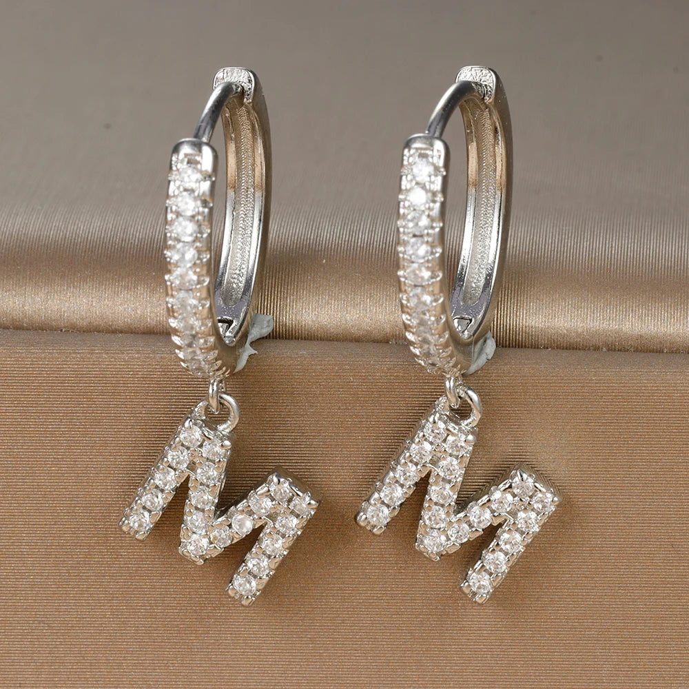 Silver Color Stainless Steel 26 Letters Hoop Earrings For Women A-Z Crystal Zircon Cartilage Piercing Earrings Wedding Jewelry