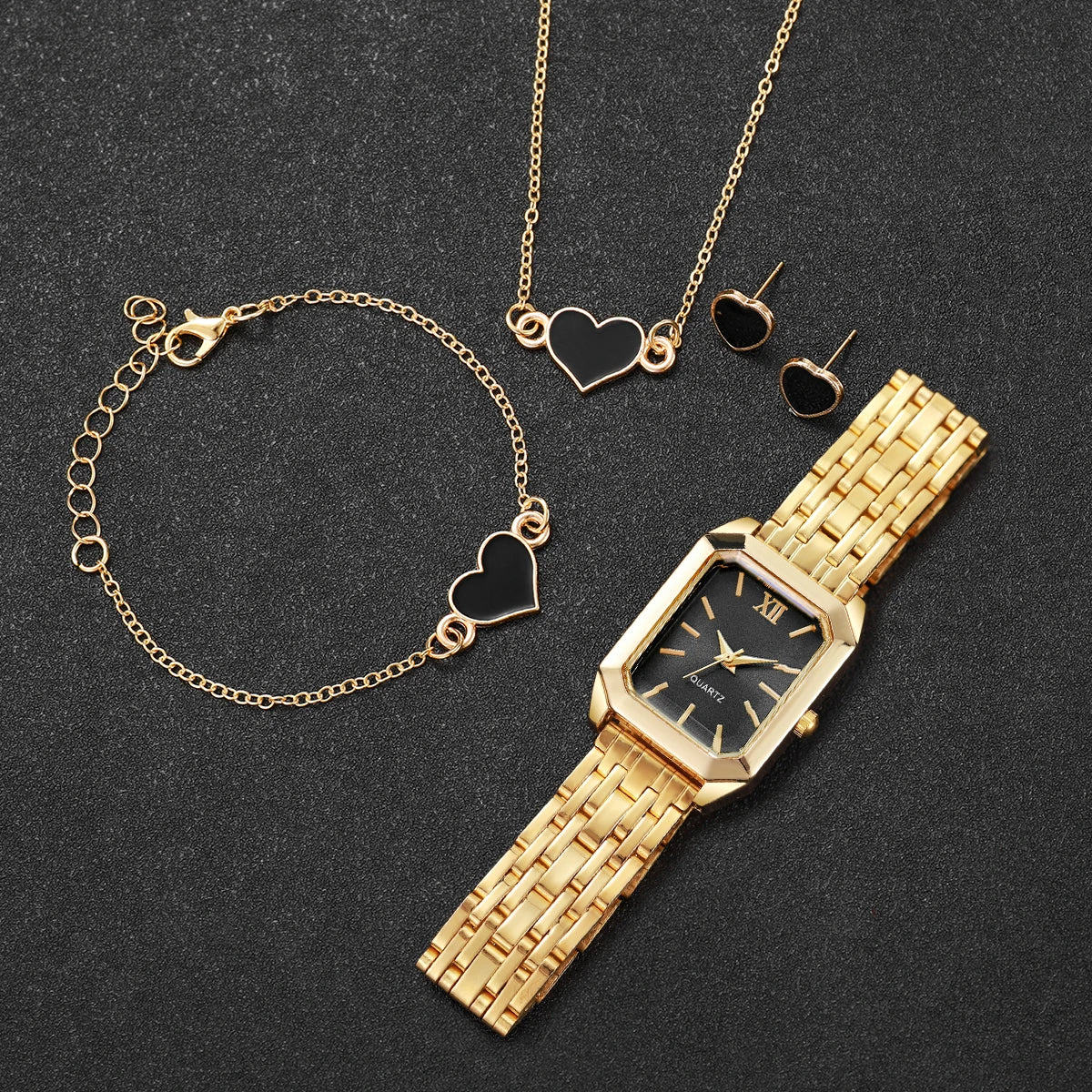 2/5 pçs Light luxury steel strip women's watch student fashion simple square quartz watch set