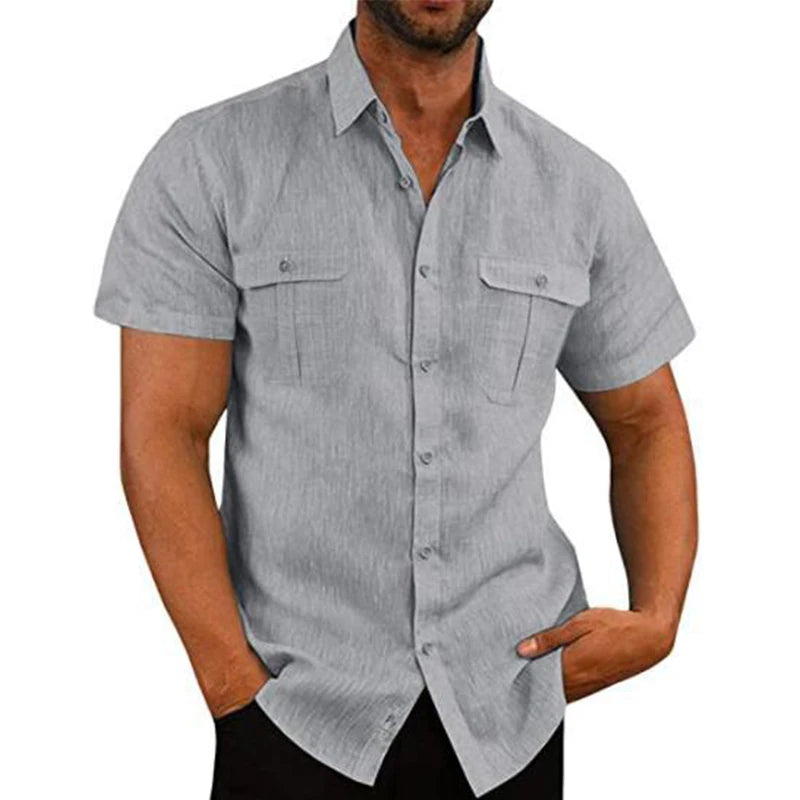 Cotton Linen Hot Sale Men Short-Sleeved Shirts Summer Solid Color Stand-Up Collar Casual Beach Style Plus SizeMale Shirts M-5XL