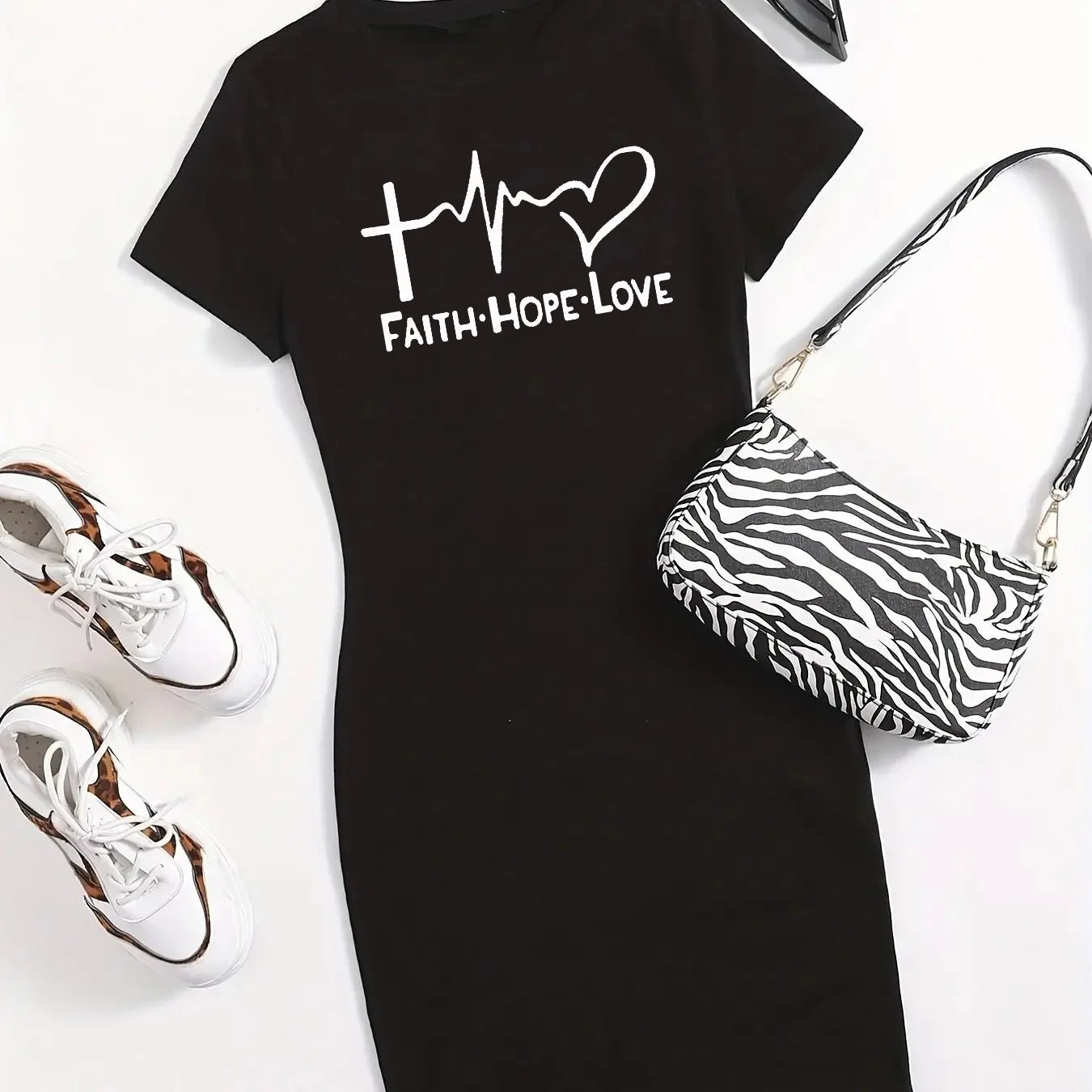 Summer Women's FAITH HOPE LOVE Printed Casual Slim Fit Short Sleeve Round Neck T-shirt Short Mini Dress