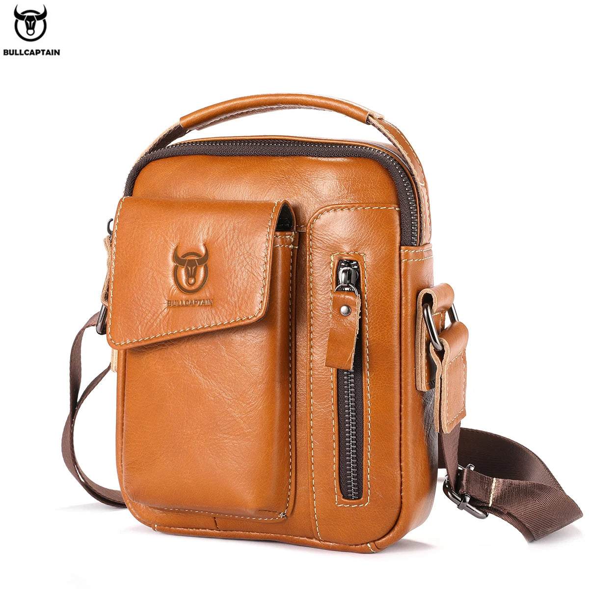 BULLCAPTAIN Casual Fashion Men's Messenger Bag's Business Portable Handbag Man Leather Shoulder Bag Mobile 6.5'' Phone Bags