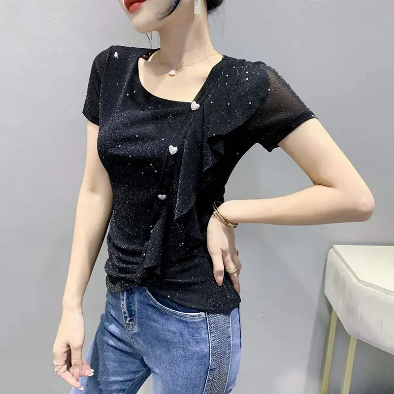 Summer Outfit Elegant Lrregular Slanted Collar Short Sleeve T Shirt For Women Ruffle Slim Clothes 2025 High Quality Tops Woman