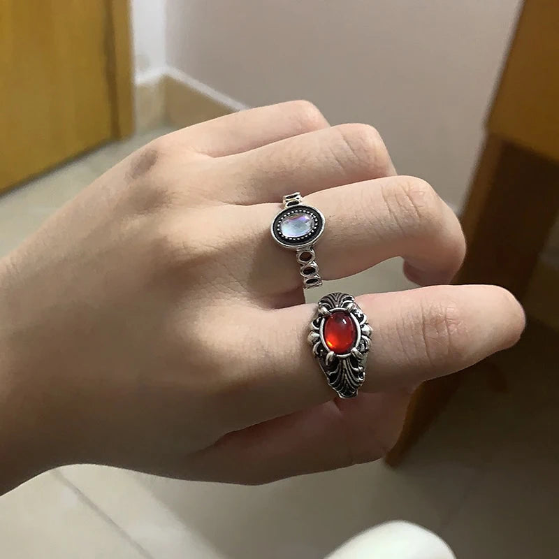 Vintage Gothic Temperament Red Crystal Cross Geometry Aesthetic Open Rings for Women Girl Punk Grunge Jewelry Men Rings
