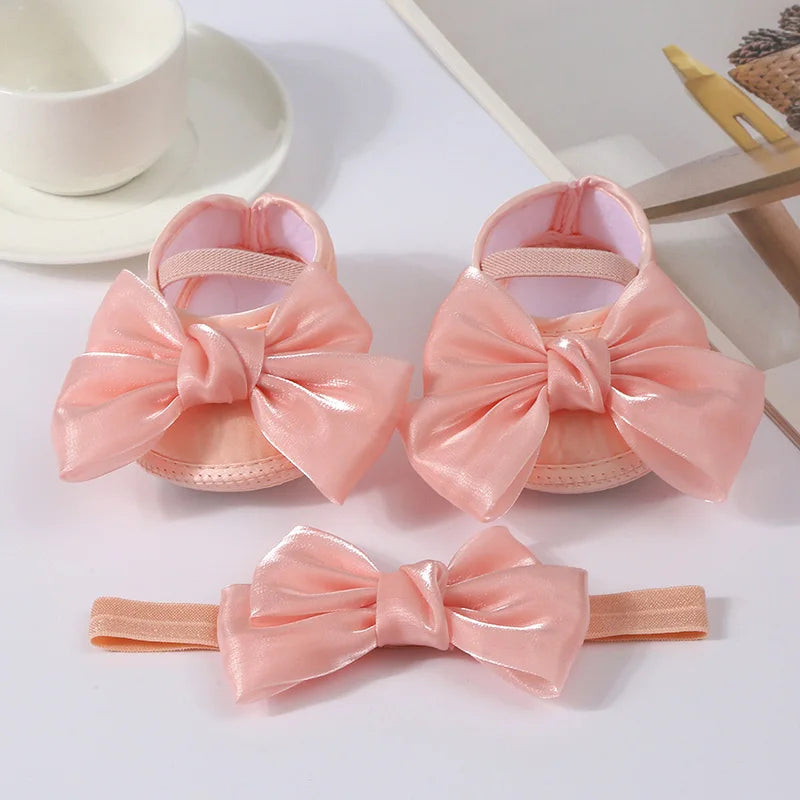 Baby Girls Baptism Shoes and Headband Shiny Bowknot Mary Jane Flats and Hairband Set 0-12M