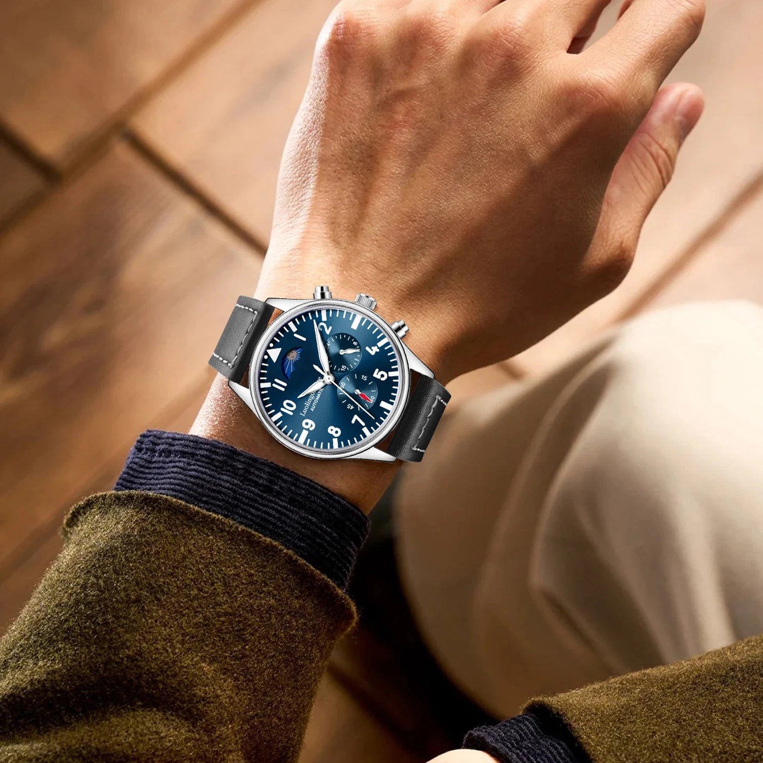 Luxury High-End Watch Series, Business Casual Men's Mechanical Watch, Automatic Winding, Round Dial, Multi-Function Display, Leather Strap, European and American Style, High Aesthetic Value, Light Luxury, Fashionable and Vers