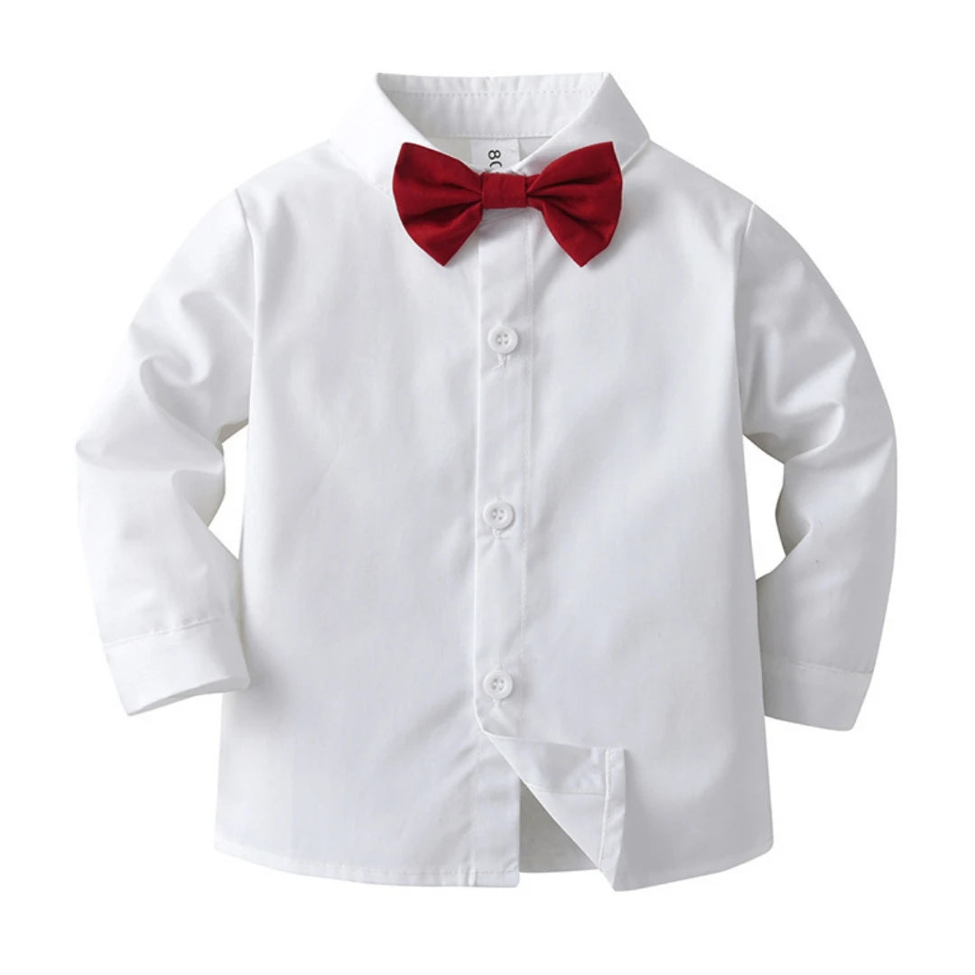 Christmas Outfit for 1-7 Years Boys Long Sleeve Solid 4PCS Sets Kid Gentleman Birthday Cotton Clothing Star Suspender Baby Suit