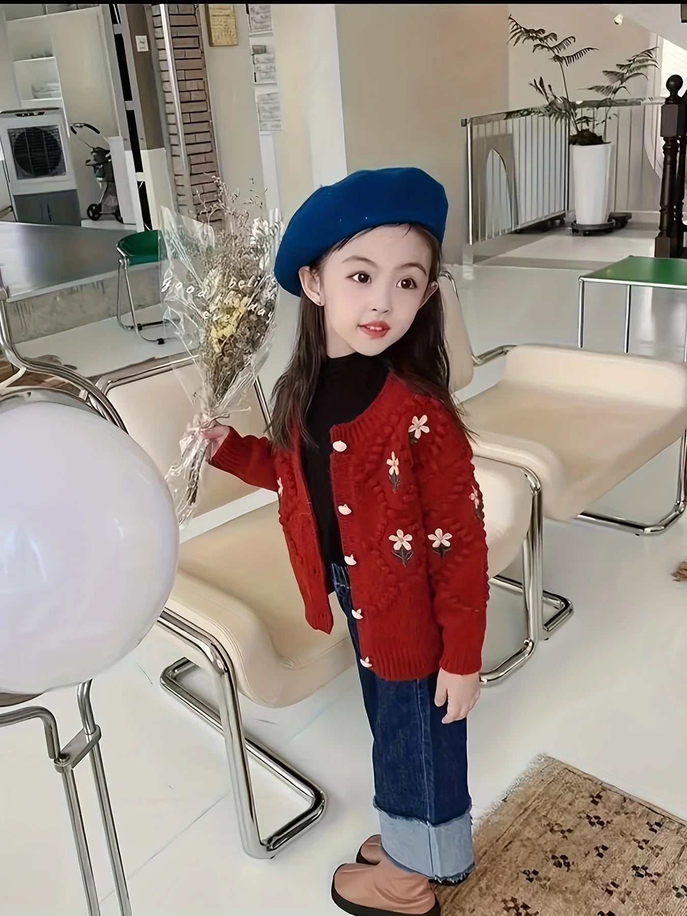 Girls' Sweater Cardigan Spring and Autumn New Fashionable Korean Style Children's Easiest for Match Embroidered Flower Knitted Jacket Trendy for Big Children