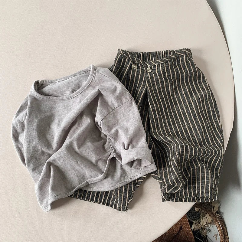 Kids Retro Striped Cotton Linen Pants – Comfortable Loose Fit Summer Trousers