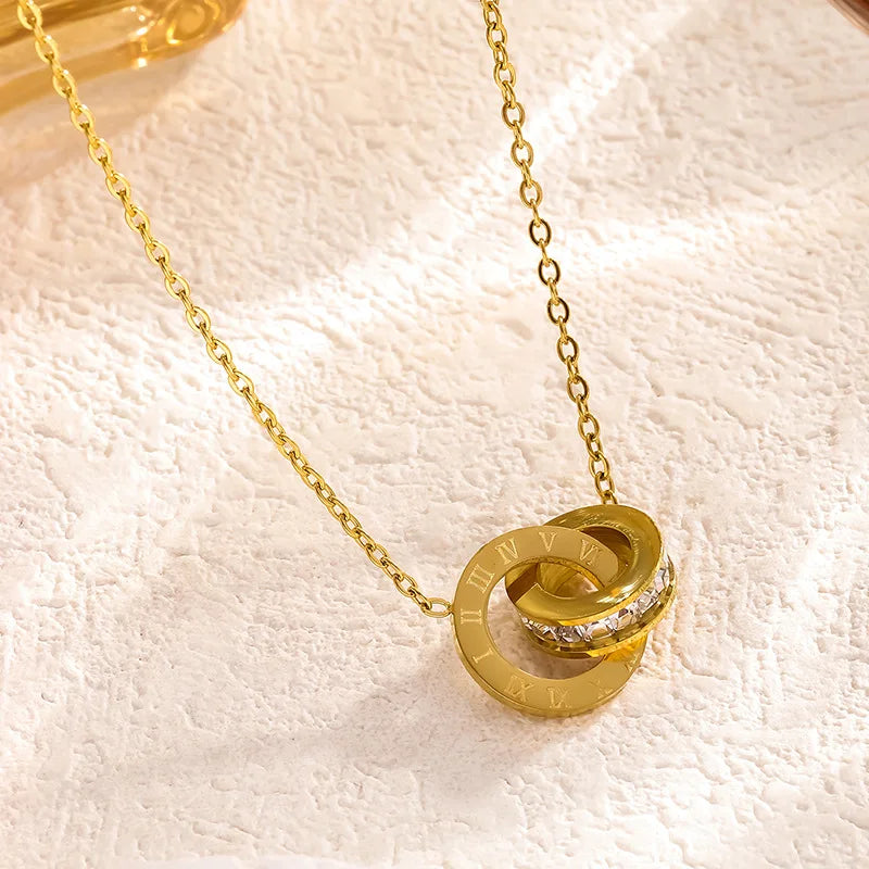 Roman Numeral Double Ring Zircon Inlaid Pendant Necklace For Women Men Personalized Silver Color Gold Color Metal Party Jewelry