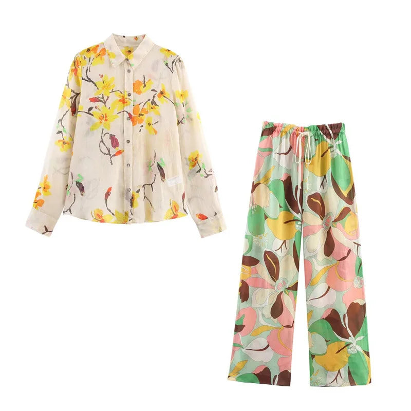 Women 2 Pieces Sets 2025 New Fashion Floral Printed Shirt Top Elastic Waist Long Pants Set Women's Suit Casual Woman Outfit