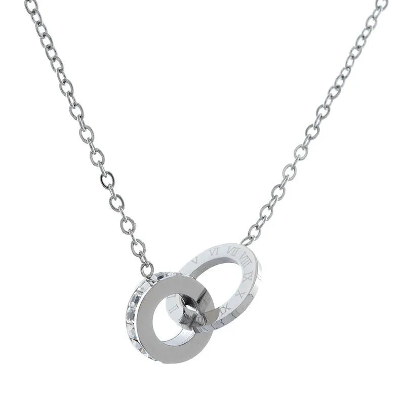 Roman Numeral Double Ring Zircon Inlaid Pendant Necklace For Women Men Personalized Silver Color Gold Color Metal Party Jewelry