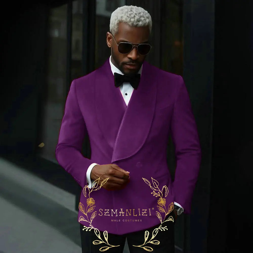 Luxury Grey Velvet Suits Men 2 Pieces Sets Double Breasted Groom Blazers Customized Man Banquet Wedding Tuxedos Male Clothing