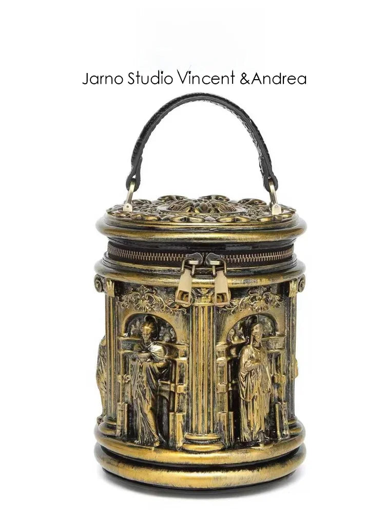 Retro Creative Unique Design Baroque Art round Cylinder Handbag Women's Fashion Crossbody Bag Handheld Bag Jarno Brand