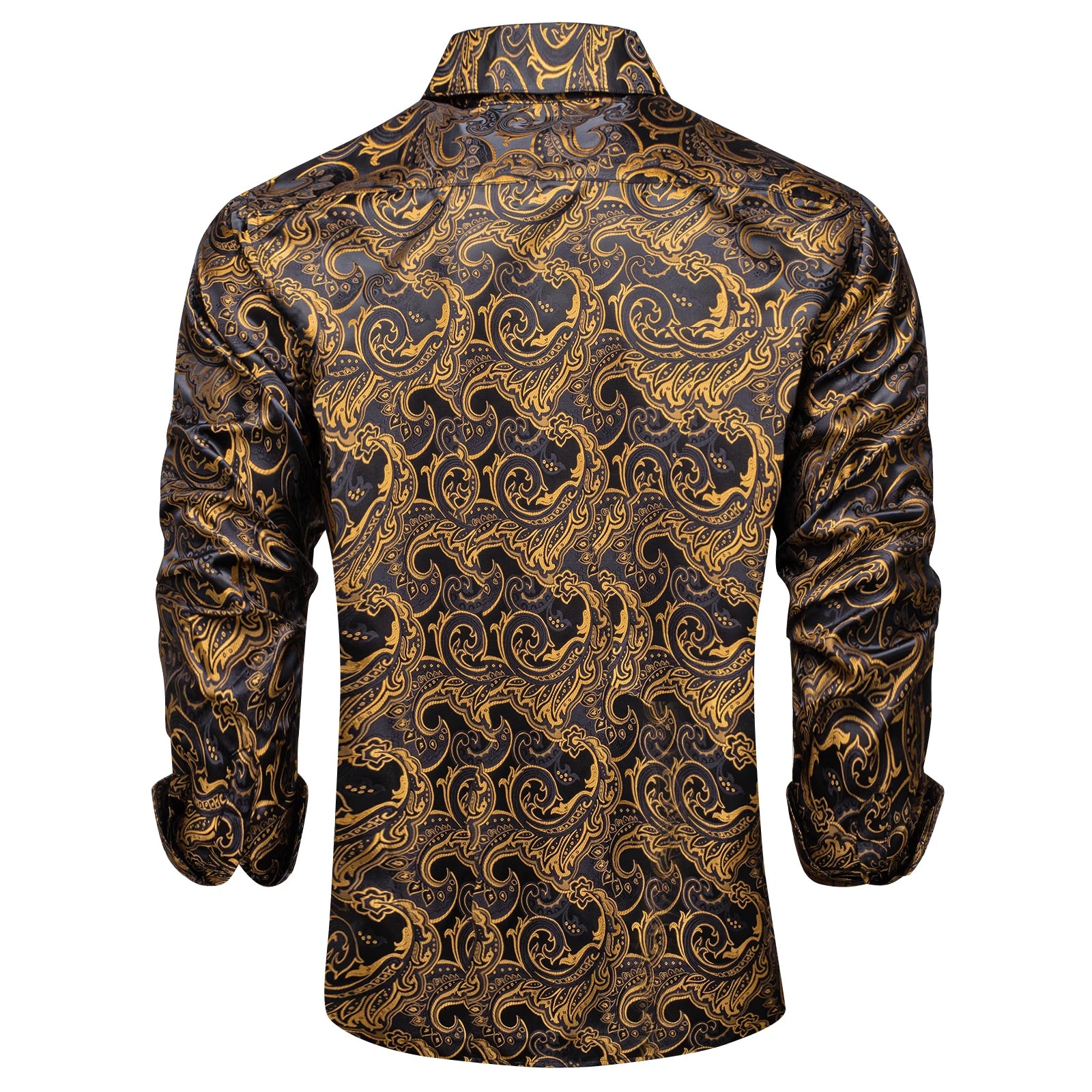 Luxury Men Dress Shirt Formal Prom Tuxedo Long Sleeve Polyester Golden Color Paisley Black Shirts Blouse Men Clothing