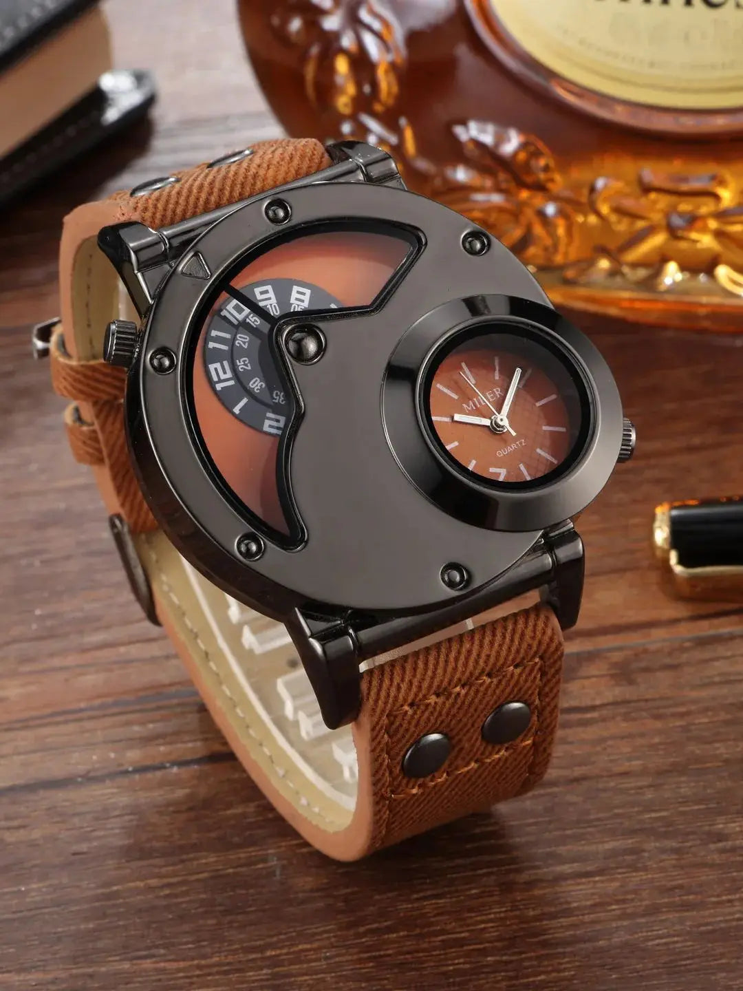 Luxury Men's Quartz Watch - Large Dual Dial Numerals, with Blue or Black Bronze Faux Leather Strap, Alloy Case, Non-Waterproof,