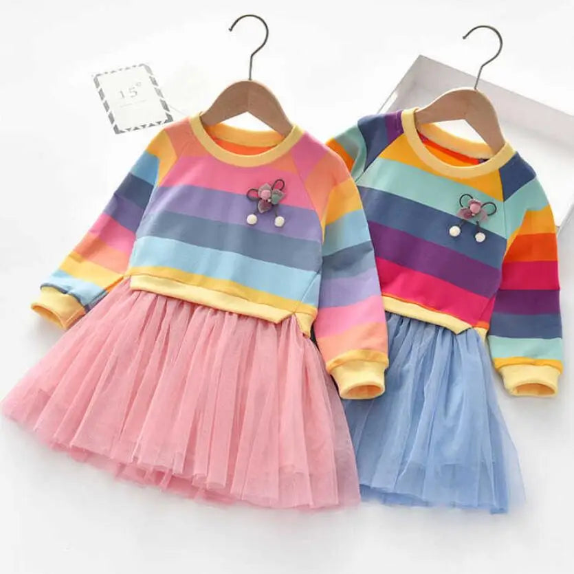 Baby Girls Dress Princess Autumn Sweater Fleece Gauze Tutu Dresses Children Clothing Long Sleeve Rainbow Stripes Dress For Girls