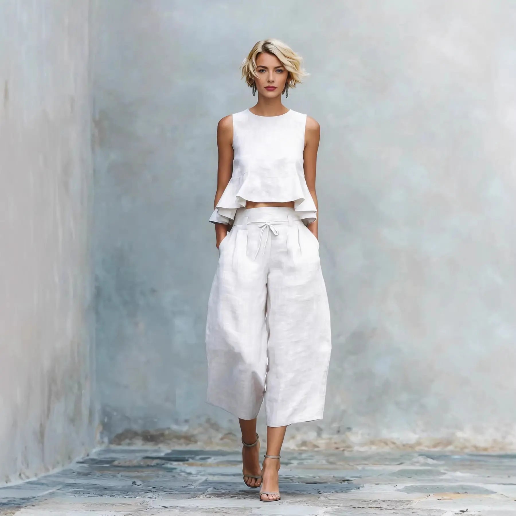 Summer Vacation Outfits Woman 2026 Elegant O Neck Sleeveless Tank Top And Wide Leg Trousers Suit Casual 2 piece Loose Sets