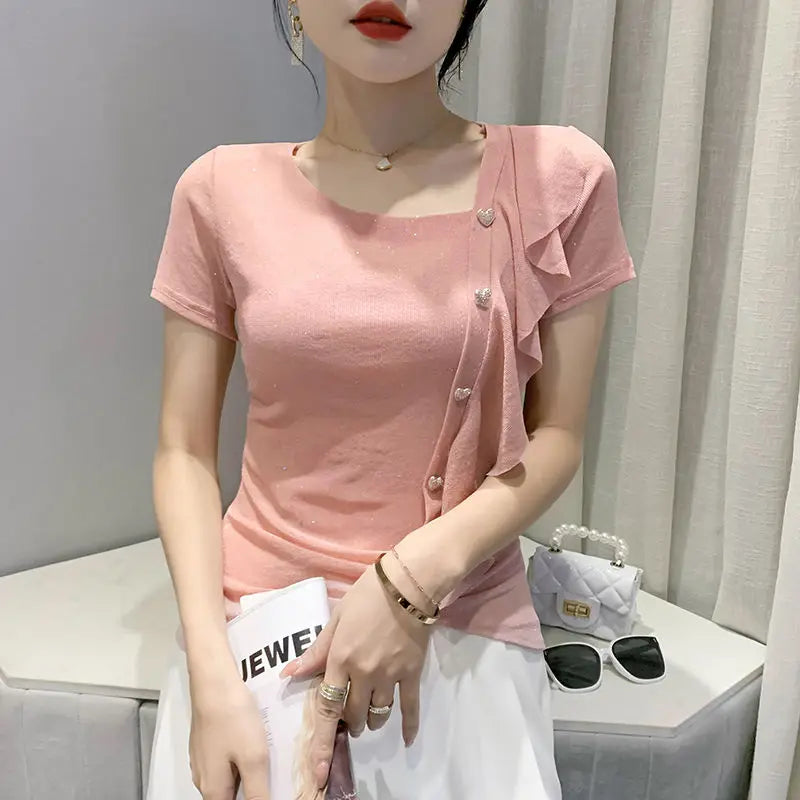 Summer Outfit Elegant Lrregular Slanted Collar Short Sleeve T Shirt For Women Ruffle Slim Clothes 2025 High Quality Tops Woman