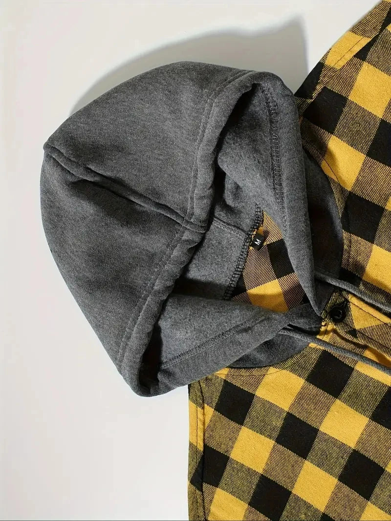Youth Fashion Street Hooded Plaid Shirt Men's Slim Fit Long Sleeved Shirt Couple Travel Casual Shirt Men's Sports Shirt Jacket
