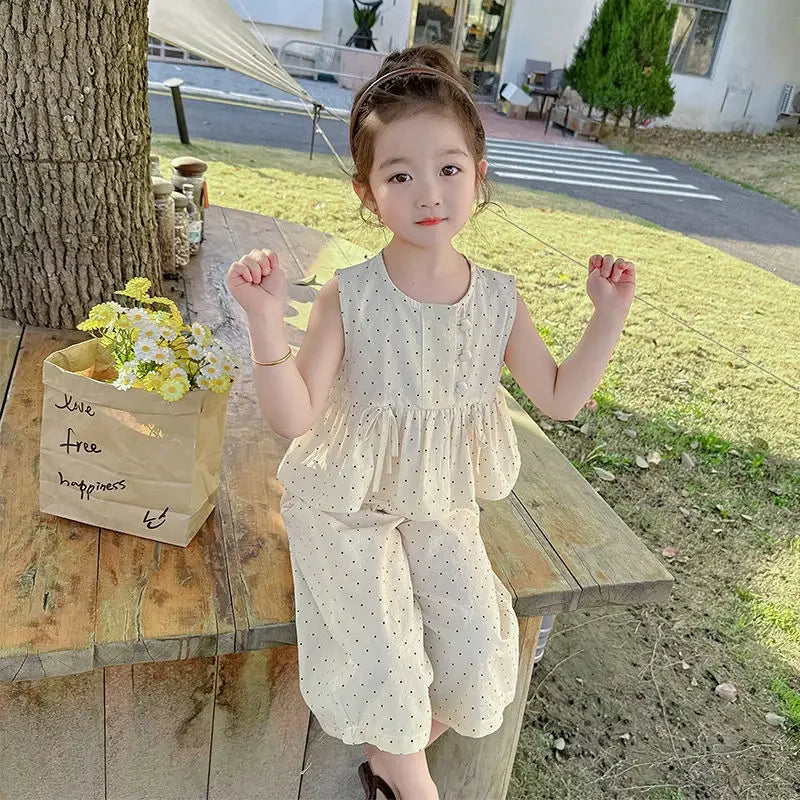 Baby Girl's Casual Clothing Summer Sleeveless Polka Dot Top+Wide Leg Pants Set with Bow and Botton 2PCS Set Childrens Clothing