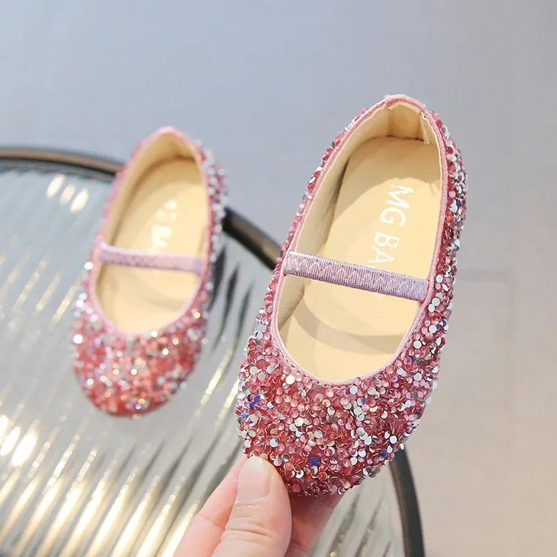 Children's 2025 new single shoe girls' fashion show sequined crystal shoes baby Baotou fashionable soft soled princess shoes