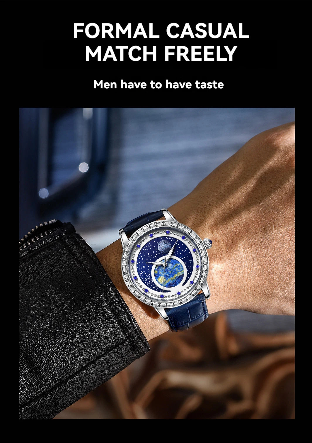 Luxury men's quartz watch, waterproof luminous oil painting starry sky dial, multifunctional watch