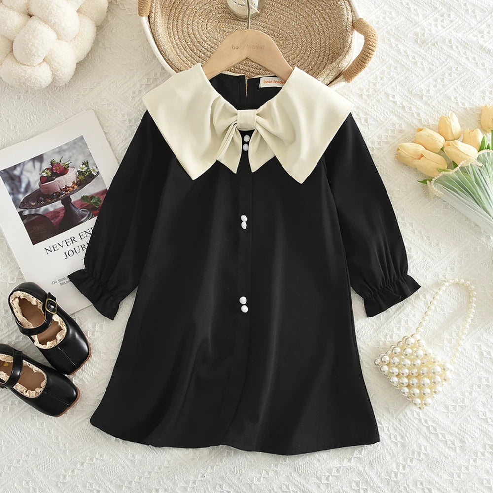 Bear Leader Autumn Spring New Girls' Dress Fashion Cute Doll Neck Flower Print Dress Children's Girls Long Sleeve Princess Dress