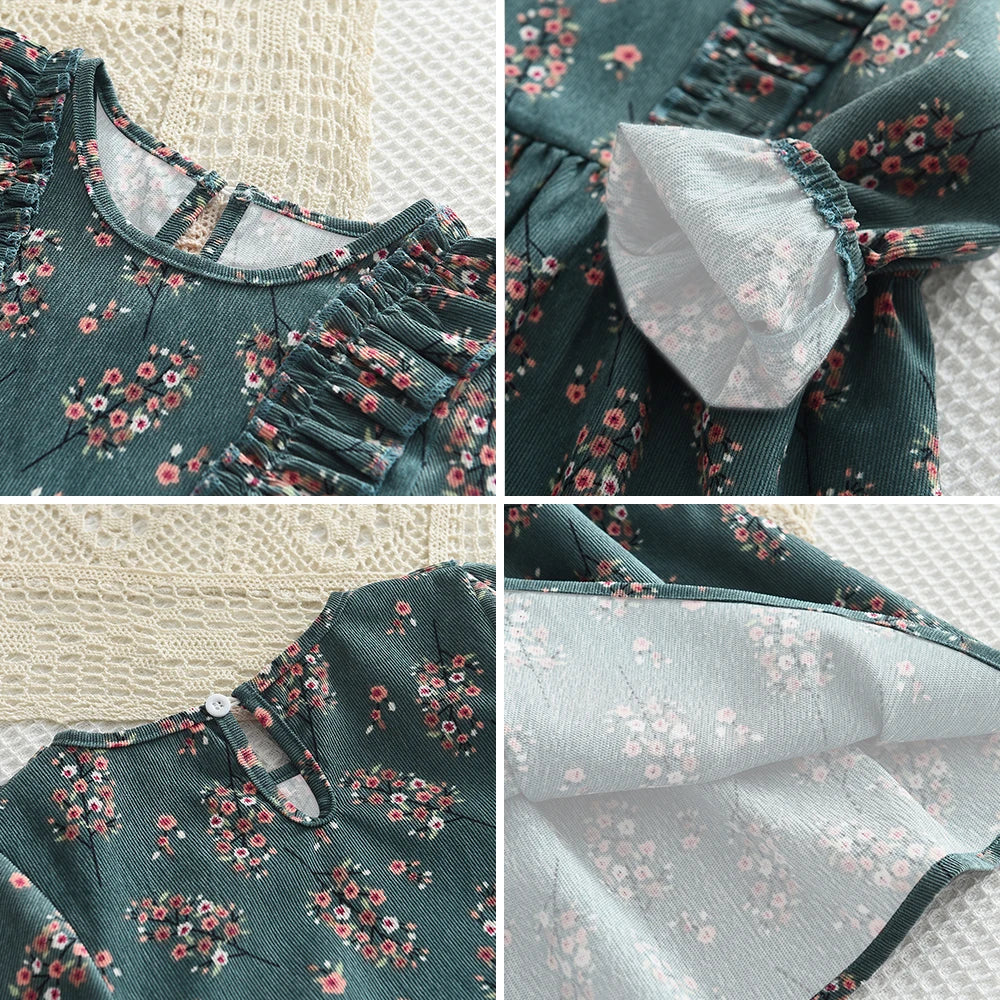 Bear Leader Autumn Spring New Girls' Dress Fashion Cute Doll Neck Flower Print Dress Children's Girls Long Sleeve Princess Dress