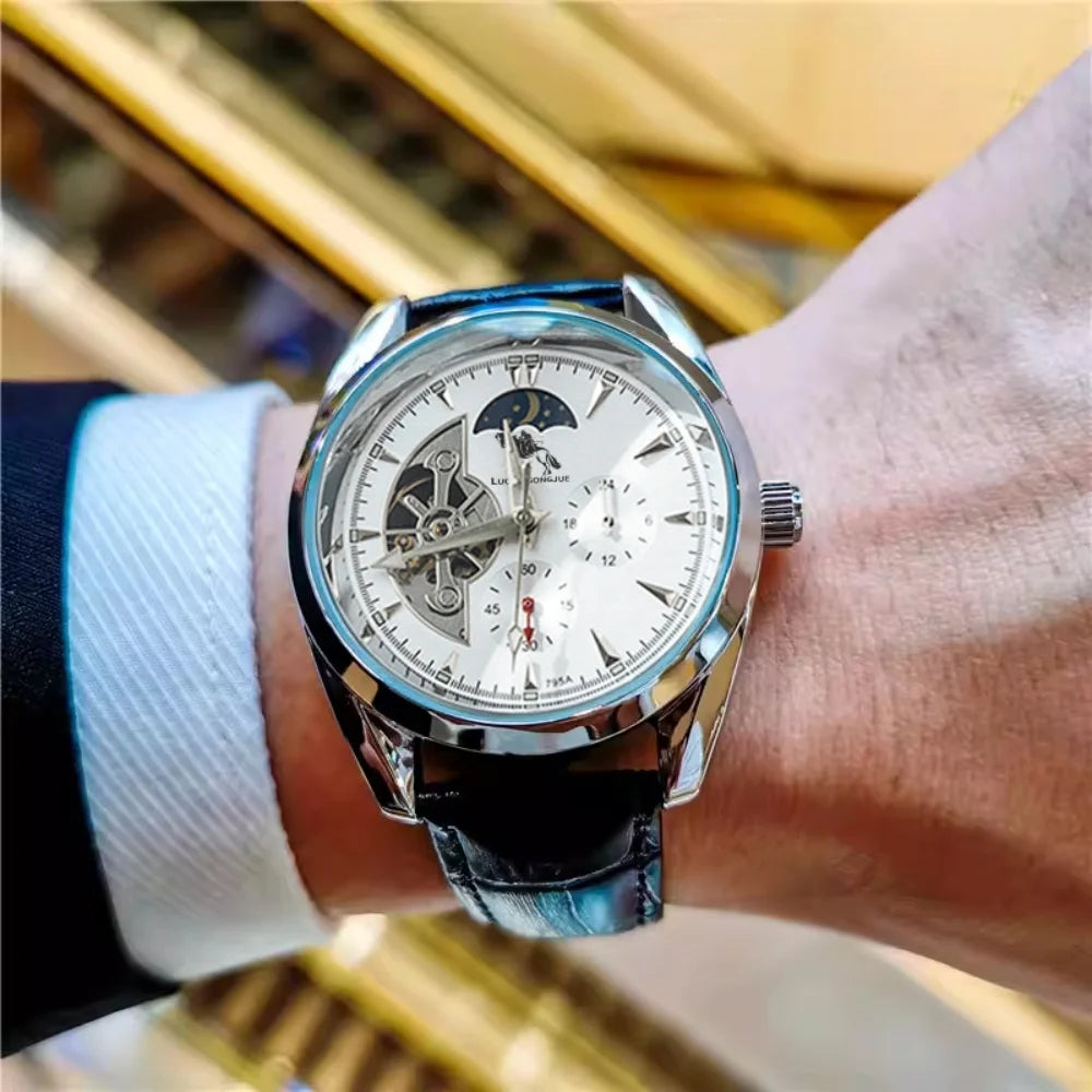 Luxury Men's Automatic Mechanical Watch, Mechanical Movement, Limited Edition, Roman Numeral Dial, Leather Strap, Skeleton Design, Waterproof, Luminous Calendar, Business Casual Style, Men's Watch, High-End Gentleman's Formal