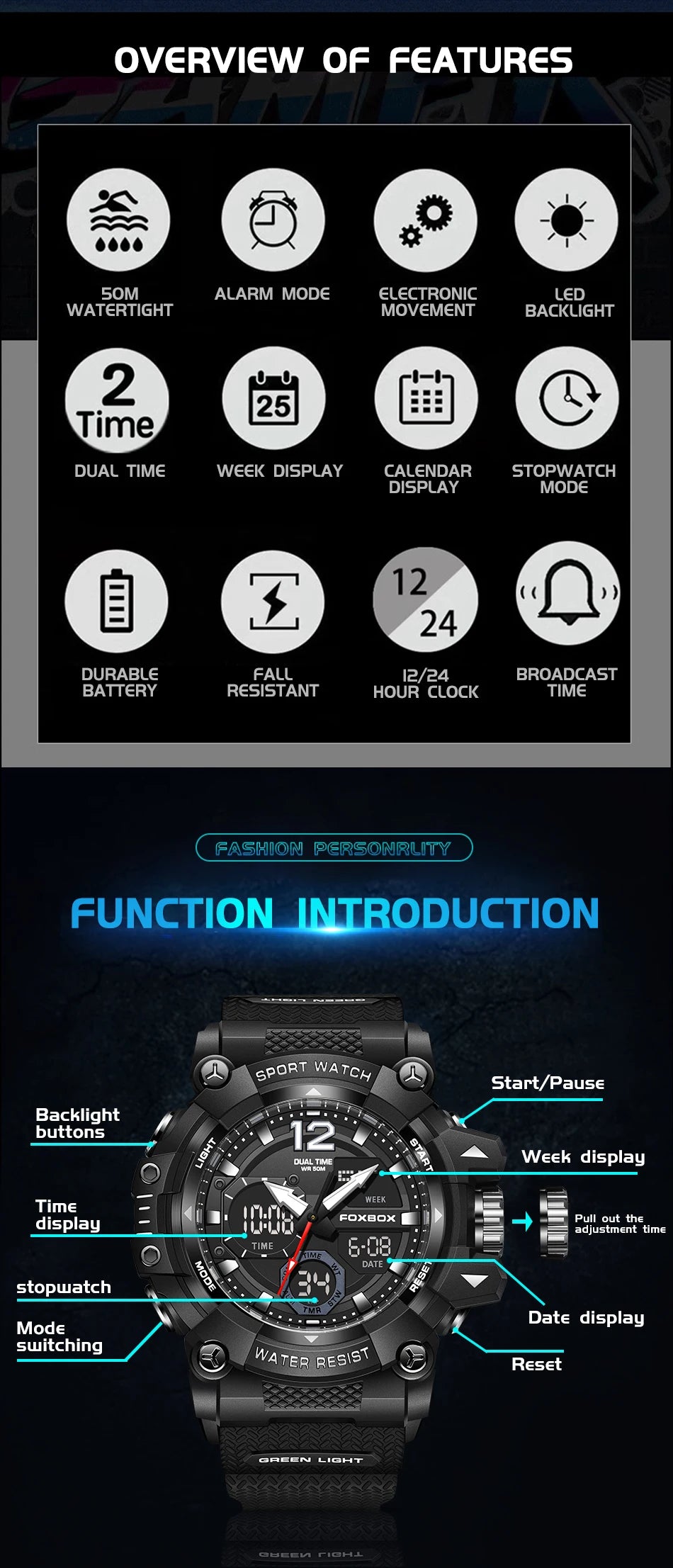 LIGE Fashion Sport Watches Men Shock Resistant 50M Waterproof Wristwatch LED Alarm Multi-function Watch Clock Military Men Watch