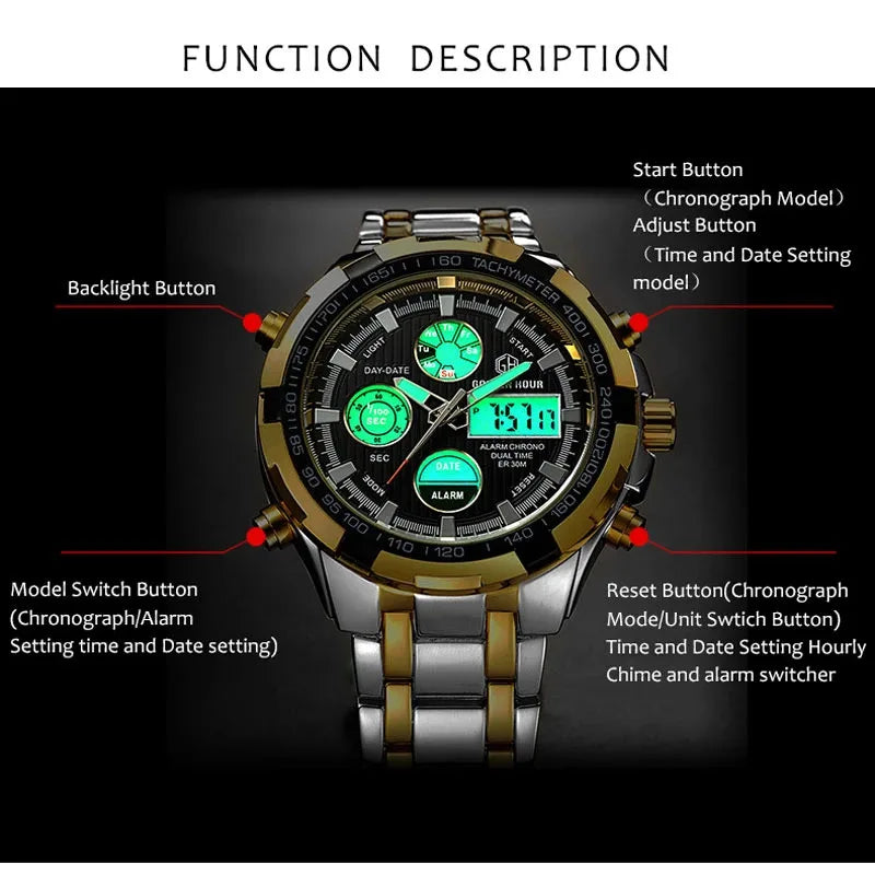 GOLDEN HOUR Luxury Men's Sport Stainless Steel Waterproof Dual Display Analog Digital Quartz Wristwatches Relogio Masculino