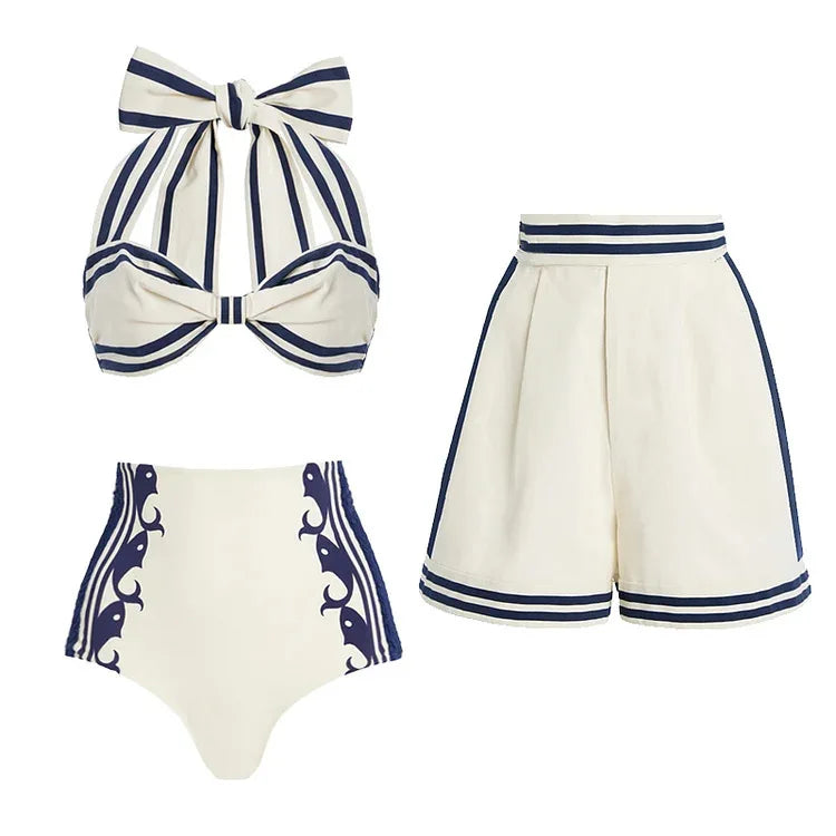 Women 3-Piece Swimwear Outfit High Waist Bikini Set Push Up Swimsuit Monokini Beachwear 2-Piece Bathing Suit Vocation Beachwear