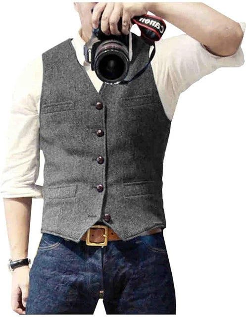 V Neck Men's Suits Vest Casual Classic Formal Business Herringbone Tweed Slim Fit Waistcoat For Wedding Groomsmen