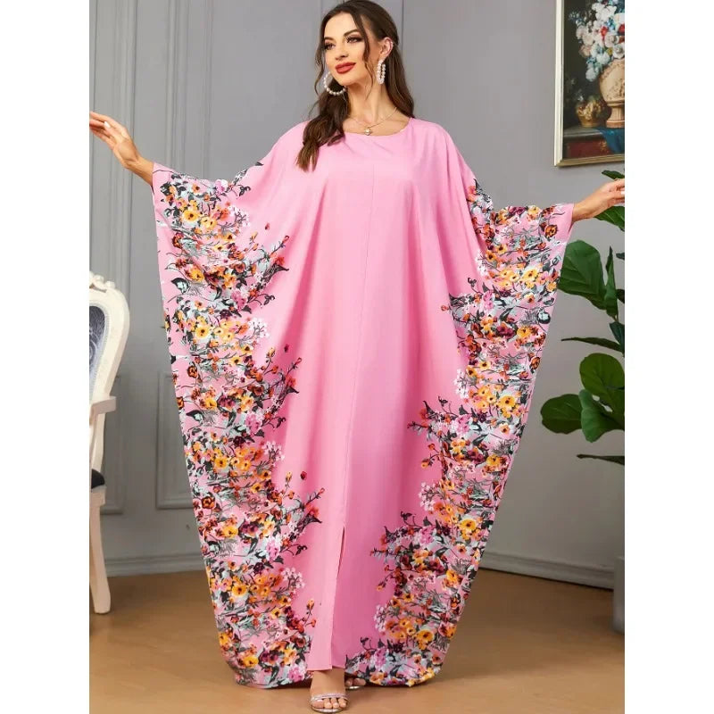 Eid Muslim Party Dress for Women Ramadan Abaya Bat Sleeve Print Long Robe Morocco Kaftan Vestidos Largos Dubai Jalabiya 2025