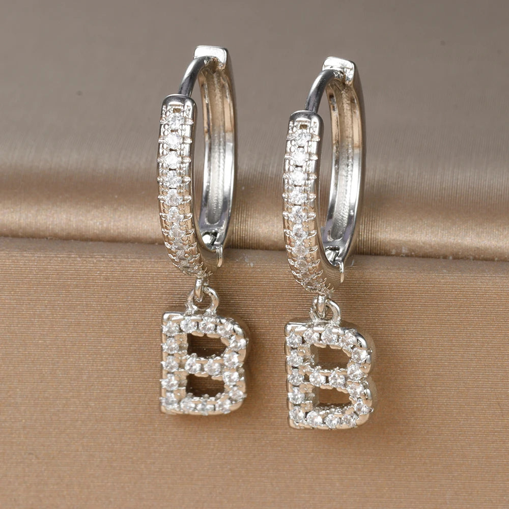 Silver Color Stainless Steel 26 Letters Hoop Earrings For Women A-Z Crystal Zircon Cartilage Piercing Earrings Wedding Jewelry