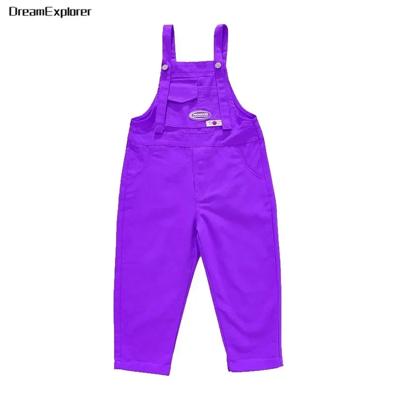 Boys Hip Hop Loose Colorful Overalls Girls Patchwork Dungaree Children Candy Color Jumpsuit Street Dance Romper Kids Streetwear