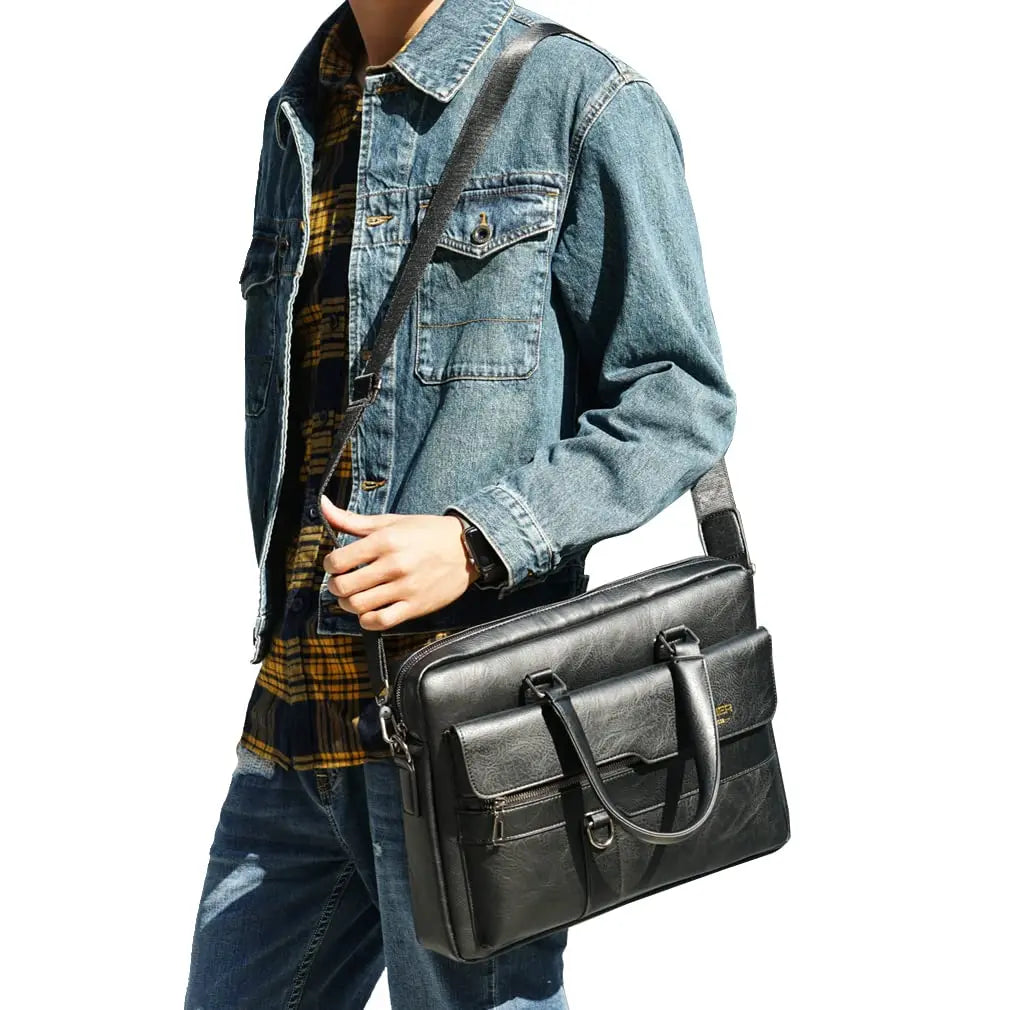 Men's Fashionable Business Handbag, Commuter Computer Bag, Crossbody Bag, Women's Outdoor Work and Daily Travel Small Leather Shoulder Bag, Black
