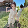 Baby Girl's Casual Clothing Summer Sleeveless Polka Dot Top+Wide Leg Pants Set with Bow and Botton 2PCS Set Childrens Clothing