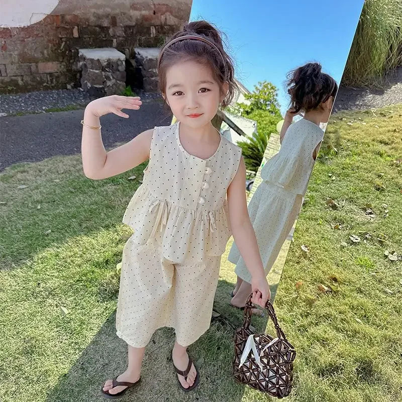 Baby Girl's Casual Clothing Summer Sleeveless Polka Dot Top+Wide Leg Pants Set with Bow and Botton 2PCS Set Childrens Clothing