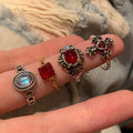 Vintage Gothic Temperament Red Crystal Cross Geometry Aesthetic Open Rings for Women Girl Punk Grunge Jewelry Men Rings