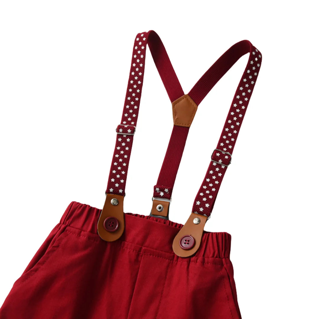 Christmas Outfit for 1-7 Years Boys Long Sleeve Solid 4PCS Sets Kid Gentleman Birthday Cotton Clothing Star Suspender Baby Suit