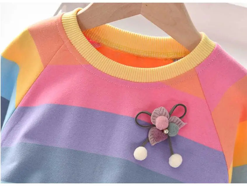 Baby Girls Dress Princess Autumn Sweater Fleece Gauze Tutu Dresses Children Clothing Long Sleeve Rainbow Stripes Dress For Girls